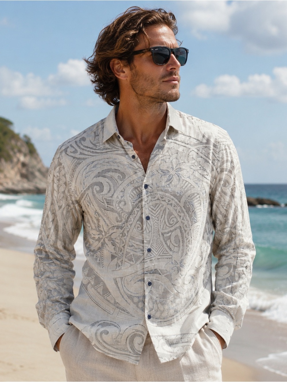 Robert Graham Linen Blend Shirt 2XL Tribal Hawaiian Flip Cuff White